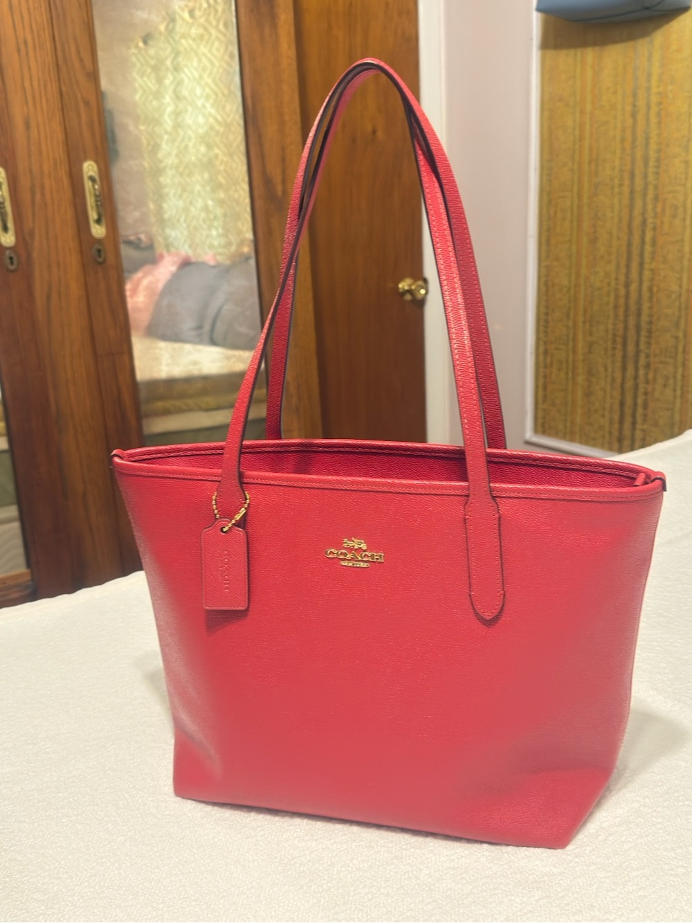 Coach Red Leather Tote with Gold Accent